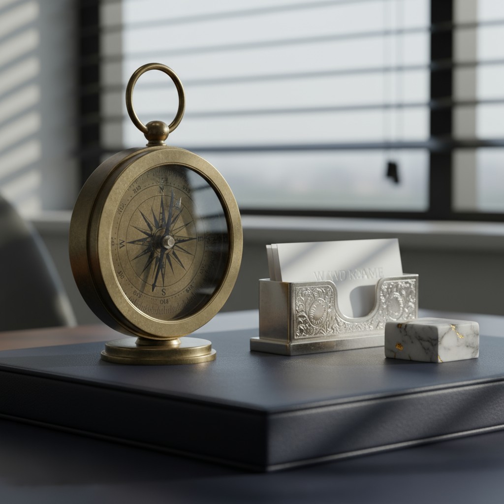ADR Desk with Commemorative Compass Decorated with Business Card Holder: An ADR desk, a symbols of professionalism and pun...
