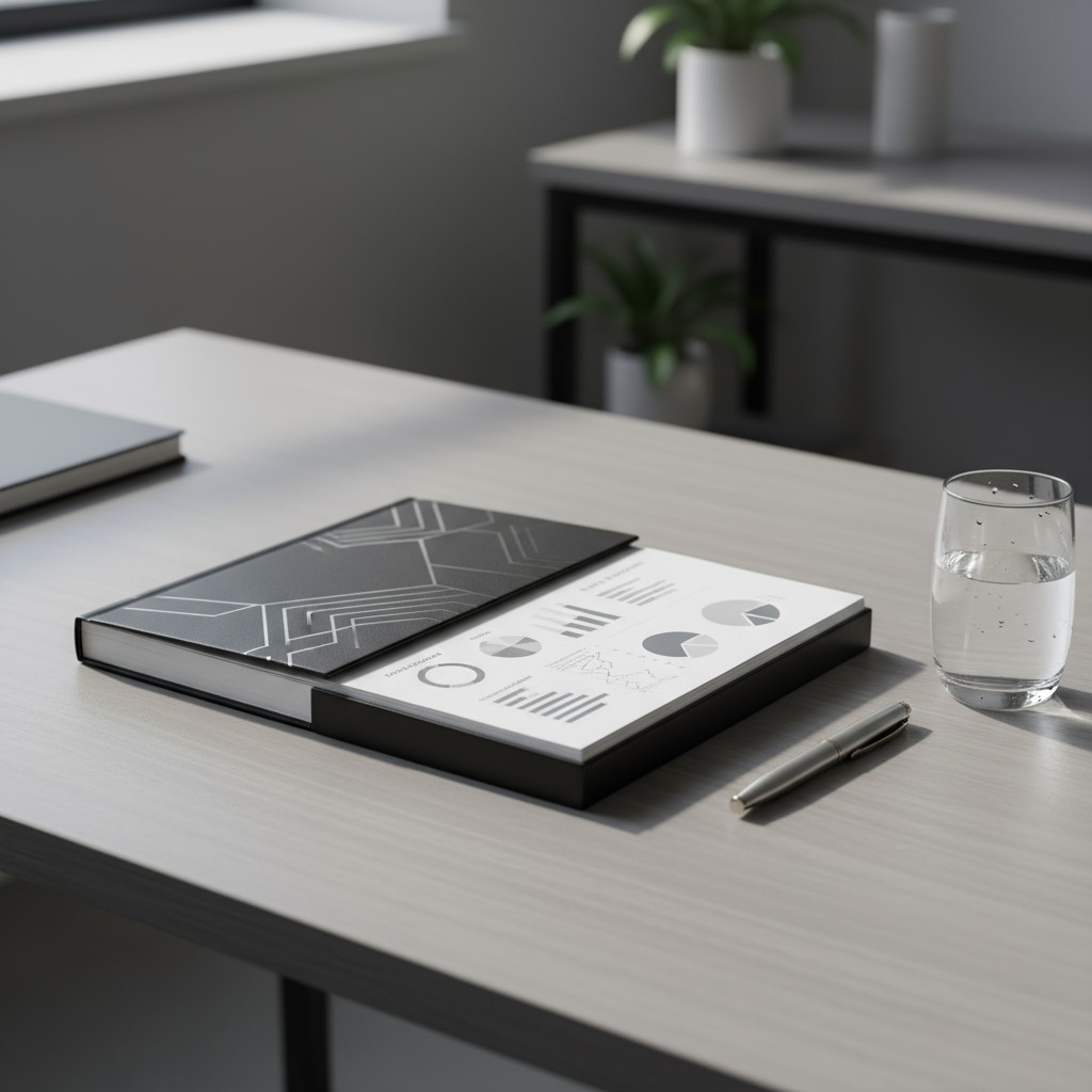 A stack of two black and white books on a grey desk with a silver pen and half full glass of water next to them and a pott...