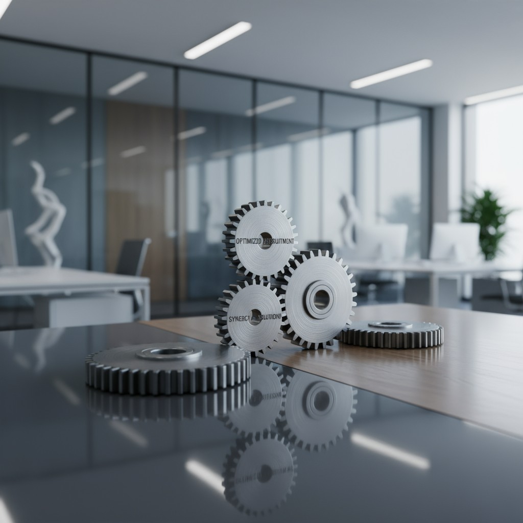 This is a co-working office space with 3 silver gears with text on them.