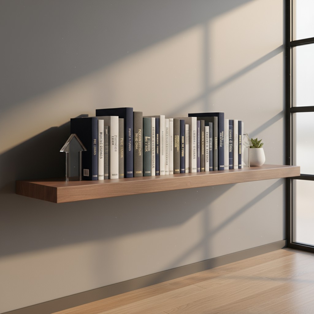 A shelf with books, a house figurine, and a plant, appearing to be illuminated by sunlight through a window.
