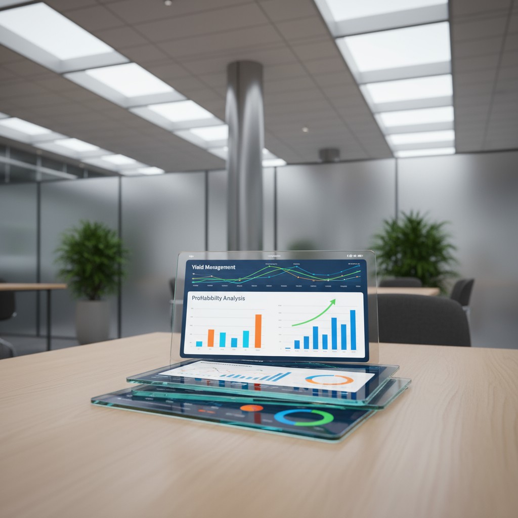 Multiple digital screens with bar and pie charts, displaying yield management and profitability analysis, stacked on top o...