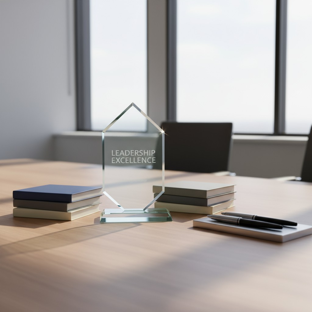 A glass award with "LEADERSHIP EXCELLENCE" in subtle, laser-engraved white text sits atop a scattered pile of blank notepa...